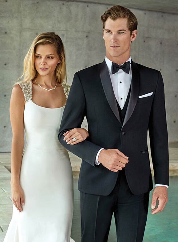 Black Aiden tuxedo featuring 1 button satin shawl collar by Neil Allyn