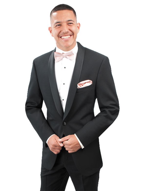 Black Aiden tuxedo featuring 1 button satin shawl collar by Neil Allyn