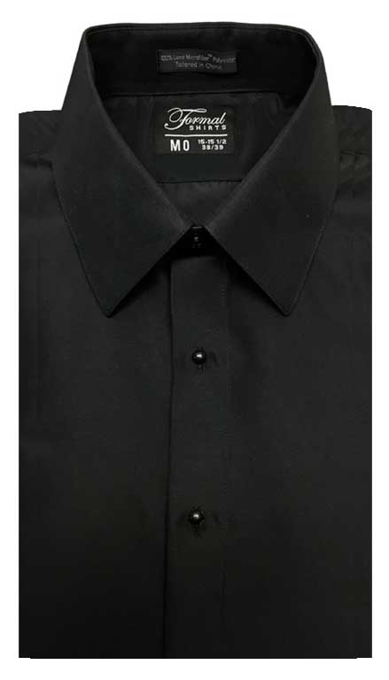 Black dress shirt in a laydown collar can be worn with a suit or tuxedo