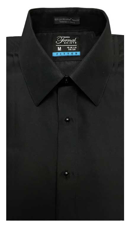 Black fitted shirt in a laydown collar can be worn with a suit or tuxedo
