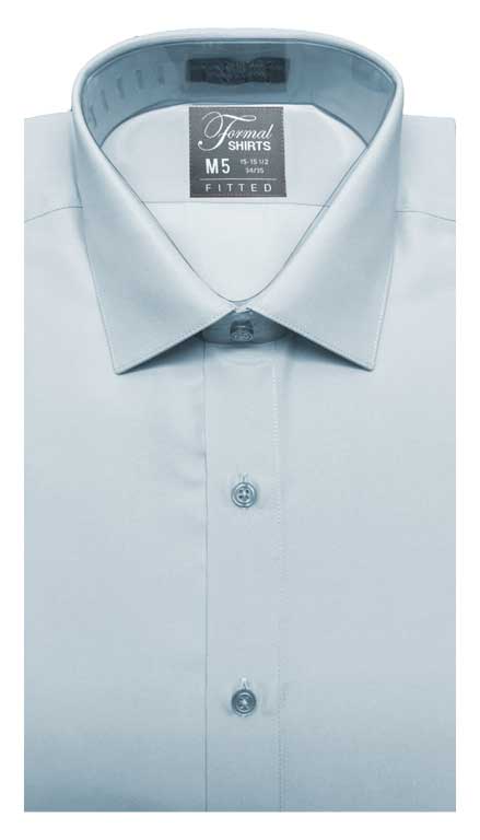Blue fitted shirt in a laydown spread collar can be worn with a suit or tuxedo