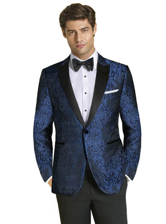 Blue Paisley Tuxedo with black satin peak lapel