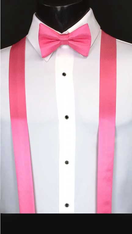 Bubblegum simply solid suspenders shown with matching bow tie and cummerbund
