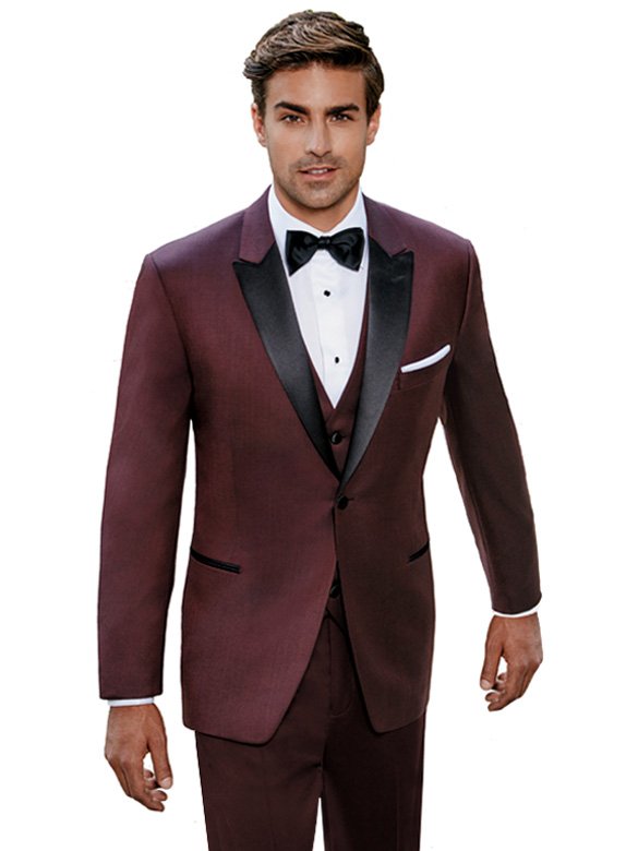 Burgundy Marbella Tuxedo with black satin peak lapel