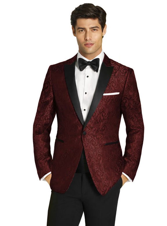 Burgundy Paisley Tuxedo with black satin peak lapel