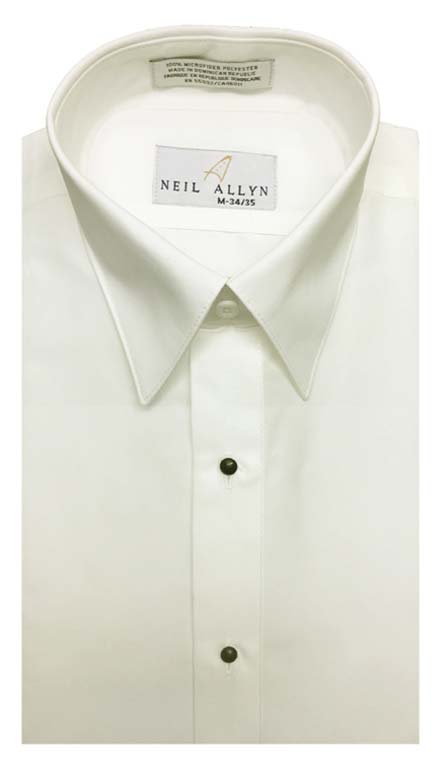 Ivory dress shirt in a laydown collar can be worn with a suit or tuxedo