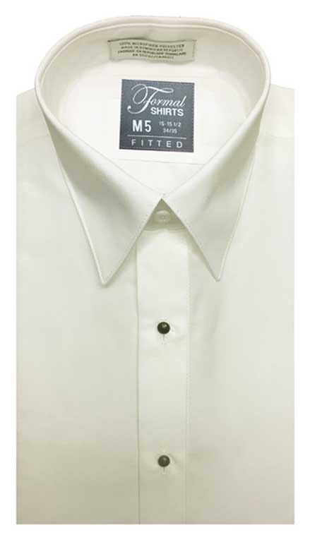 Ivory fitted shirt in a laydown collar can be worn with a suit or tuxedo
