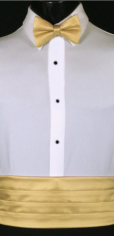 Maize Cummerbund in the simply or modern solid collection from Larr Brio shown with matching bow tie. Also available with matching pock square and suspenders.