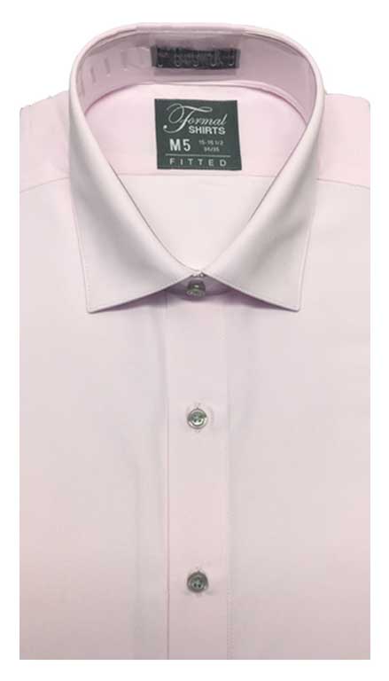 Pink fitted shirt in a laydown spread collar can be worn with a suit or tuxedo