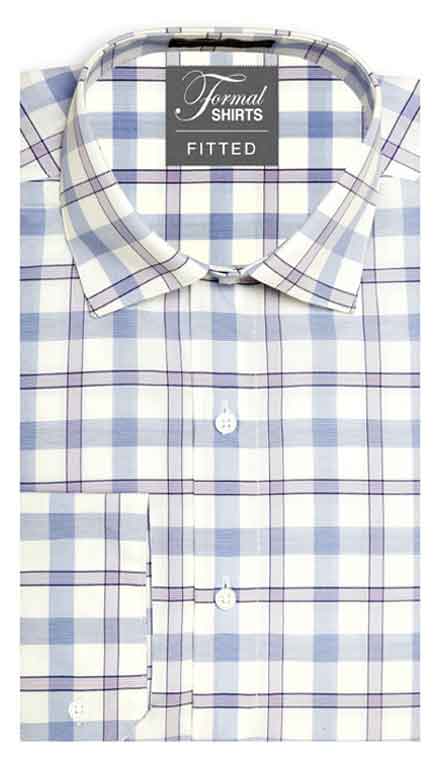 Blue and Lilac Plaid fitted shirt in a laydown spread collar can be worn with a suit or tuxedo