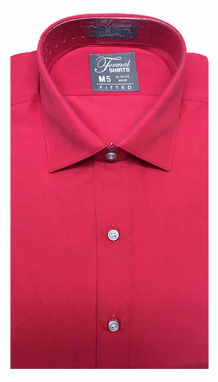 Red fitted shirt in a laydown spread collar can be worn with a suit or tuxedo