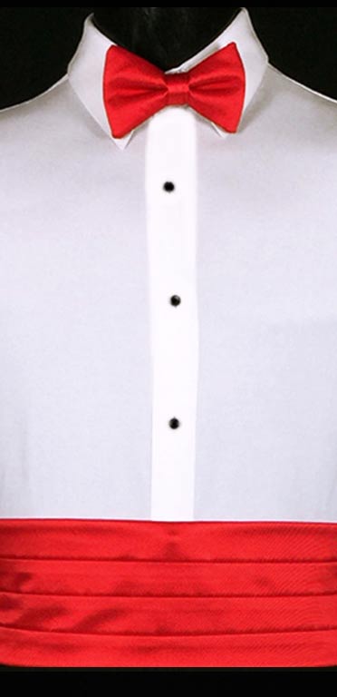 Ruby Red Cummerbund in the simply or modern solid collection from Larr Brio shown with matching bow tie. Also available with matching pock square and suspenders.