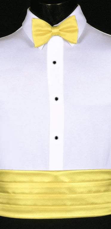 Sunbeam Cummerbund in the simply or modern solid collection from Larr Brio shown with matching bow tie. Also available with matching pock square and suspenders.