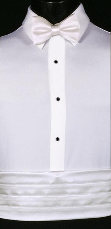 White Cummerbund in the simply or modern solid collection from Larr Brio shown with matching bow tie. Also available with matching pock square and suspenders.