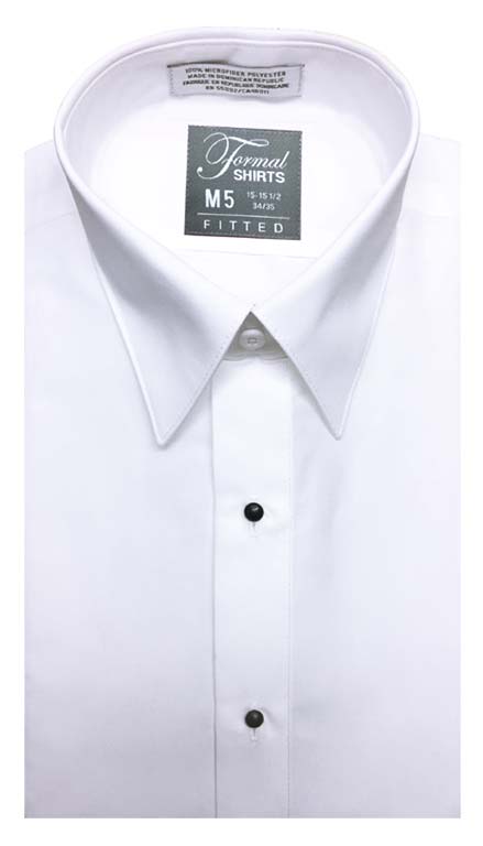 White fitted shirt in a laydown collar can be worn with a suit or tuxedo