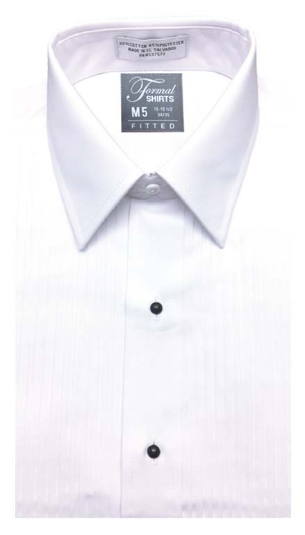 White pleated tuxedo shirt in a lay-down collar in a slim fit style