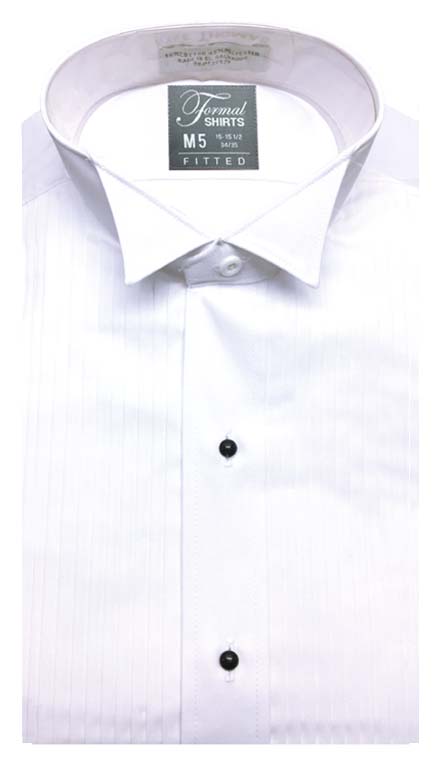 White pleated wing collar tuxedo shirt in a slim fit style