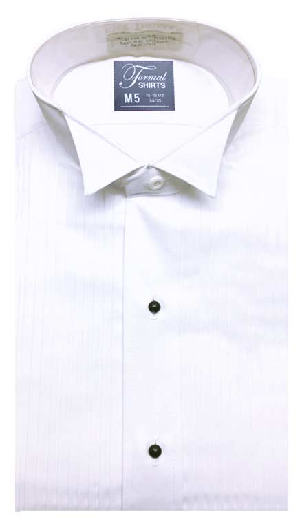 White pleated wing collar tuxedo shirt in a classic fit style