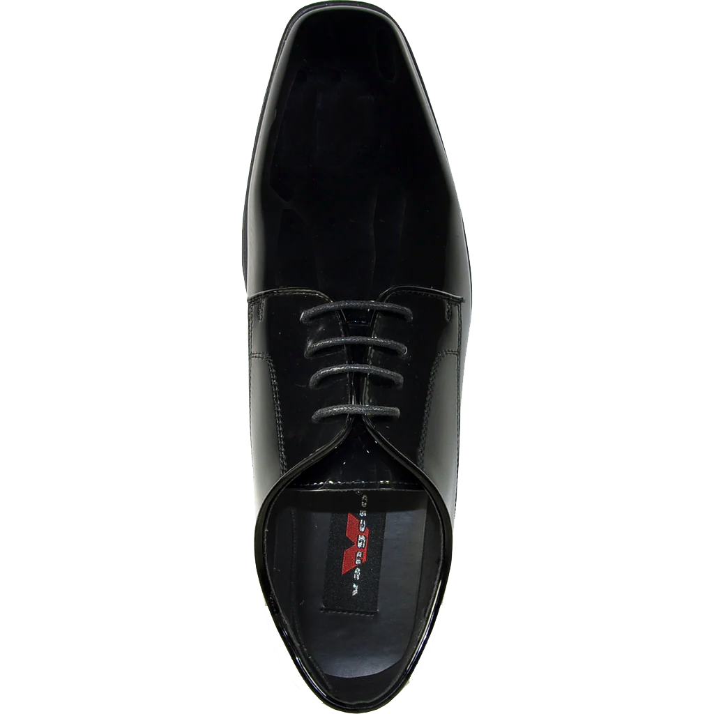 black lace up shiny tuxedo shoe top view