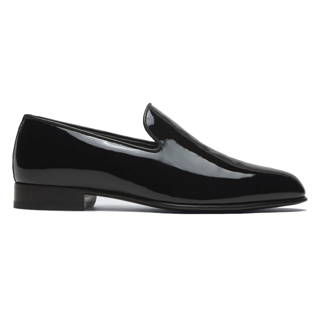 black slip on patent leather tuxedo shoe