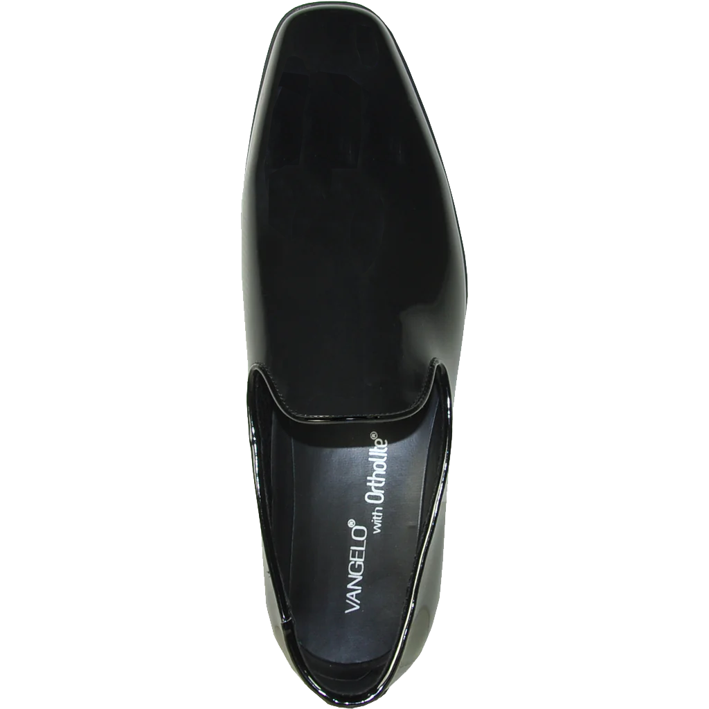 black slip on shiny tuxedo shoe top view