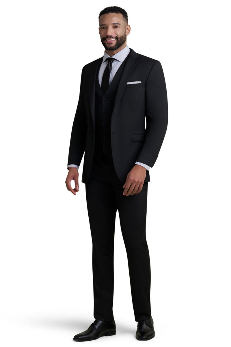 black stretch separates suit with a blue shirt