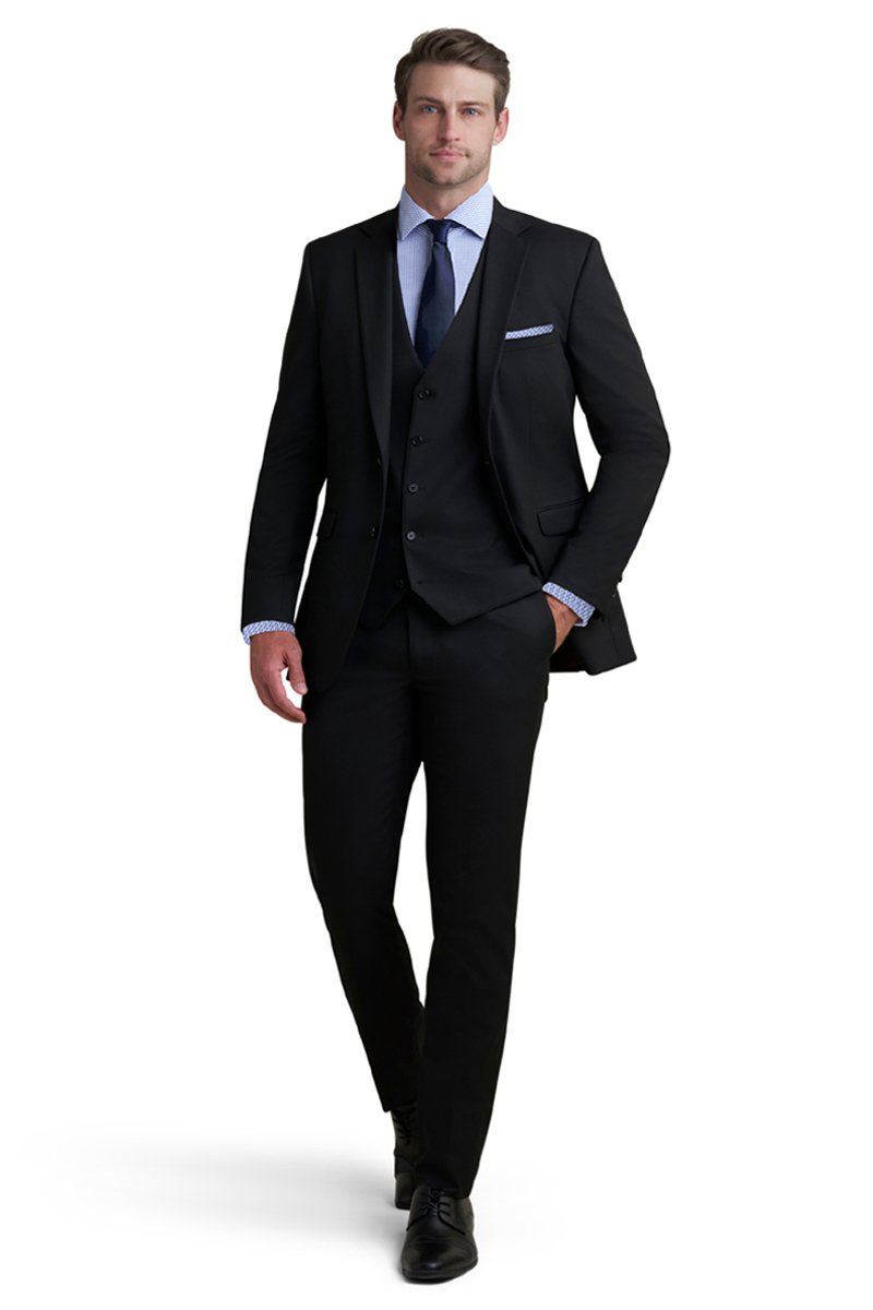 black 3 piece suit with a blue shirt