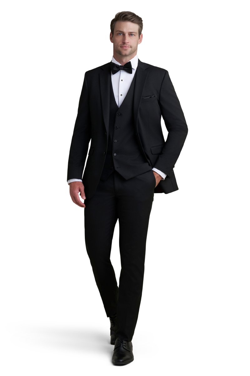classic black tuxedo with white shirt and bow tie