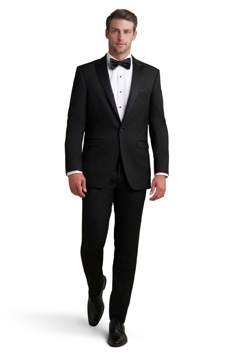 classic black tuxedo worn with white shirt and bow tie