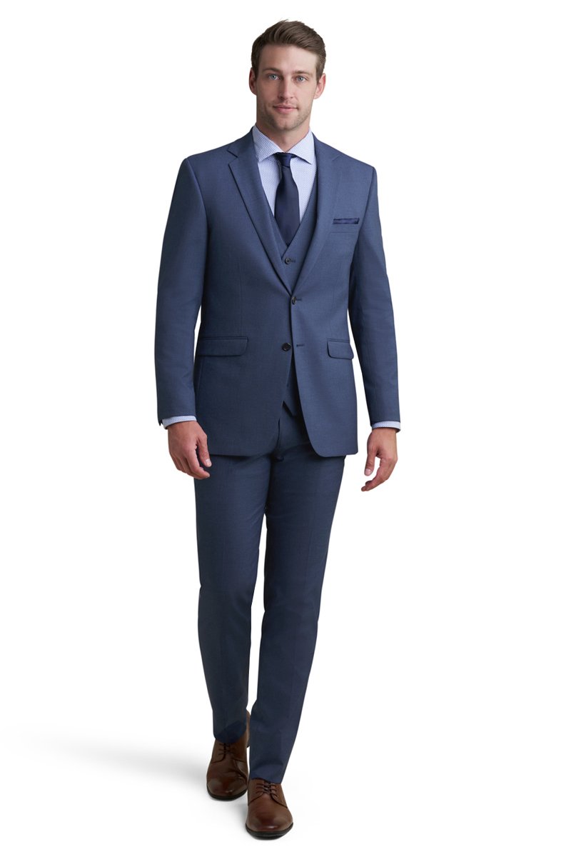 blue 3 piece suit with blue shirt and a dark blue tie