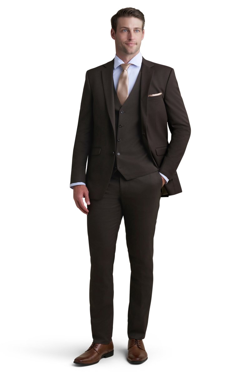 brown stretch 3 piece suit with a gold tie
