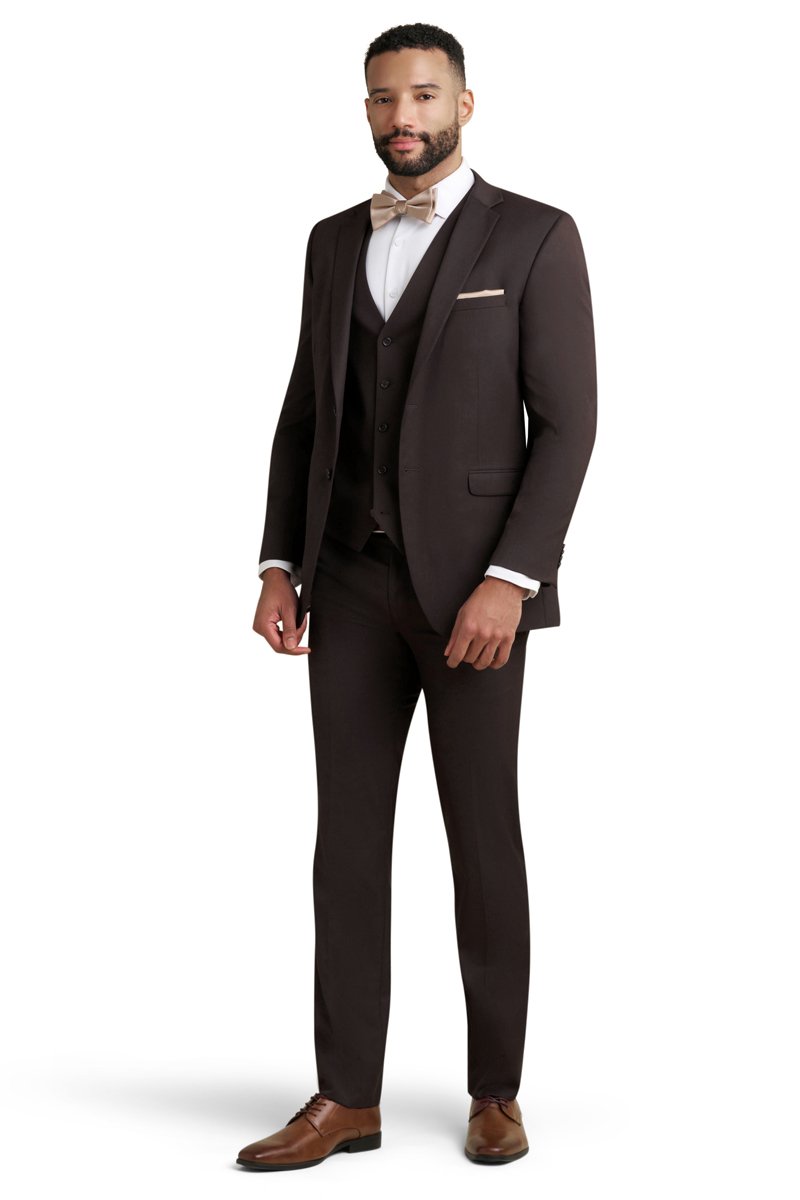 chocolate brown 3 piece suit with gold bow tie