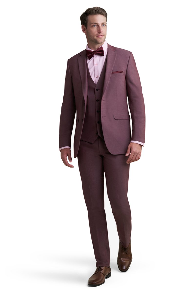 burgundy stretch 3 piece suit with a pink shirt and a burgundy bow tie