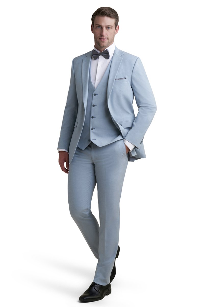 light blue stretch 3 piece suit with a bow tie