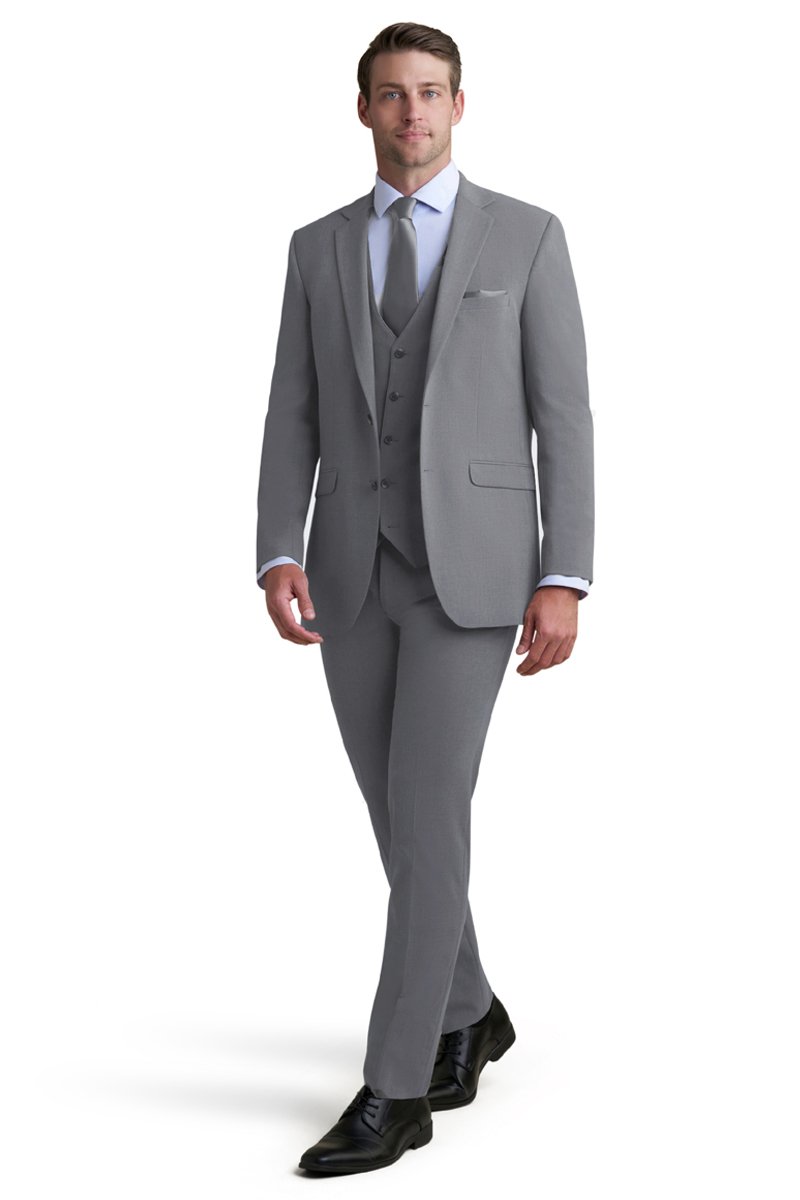 medium grey stretch suit worn with a blue shirt