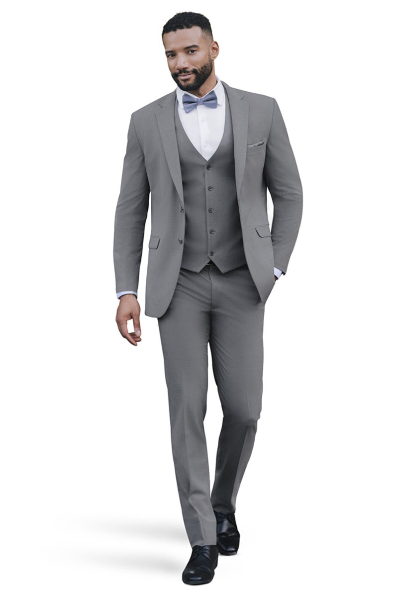 medium grey stretch suit worn with a white shirt