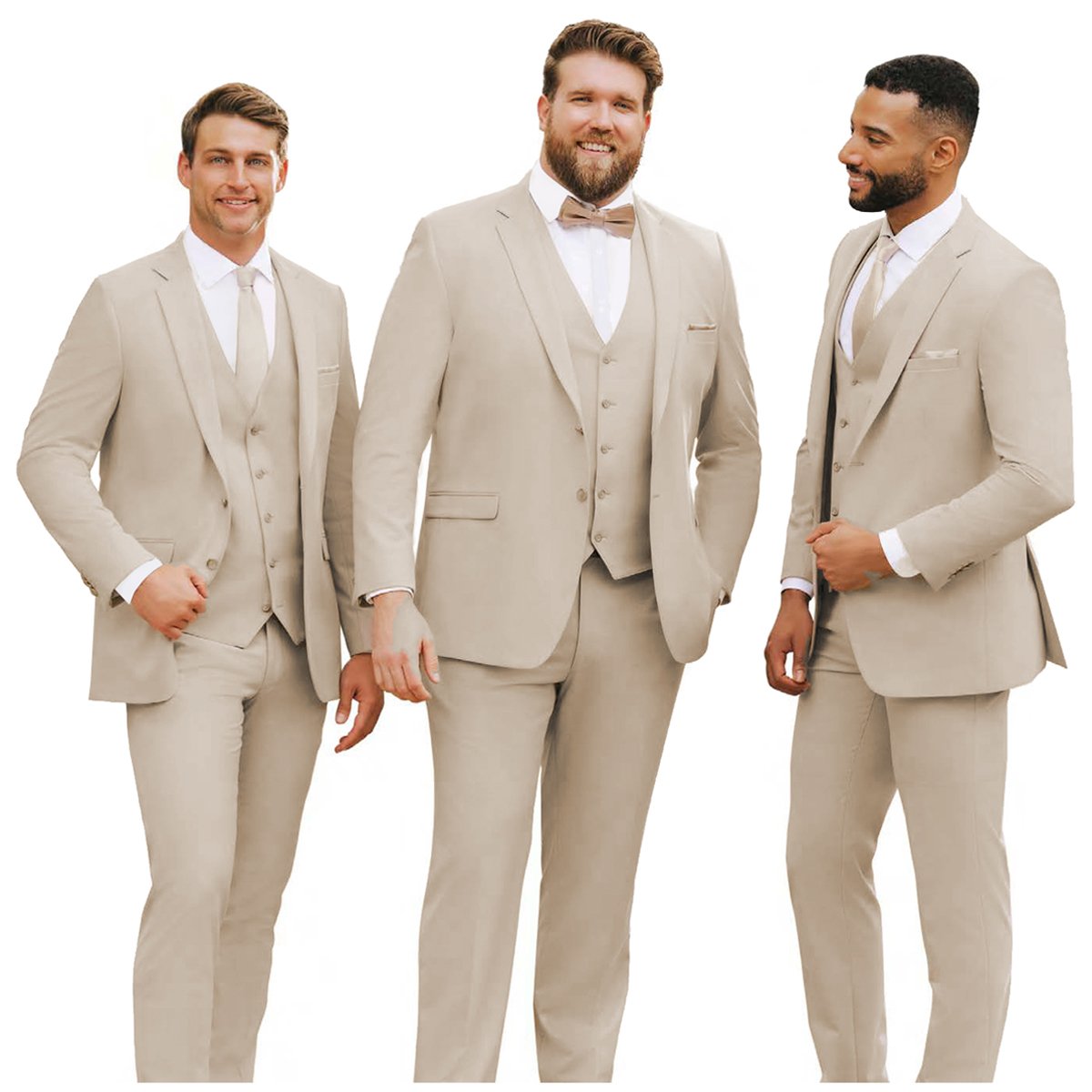 3 men wearing tan stretch 3 piece suits