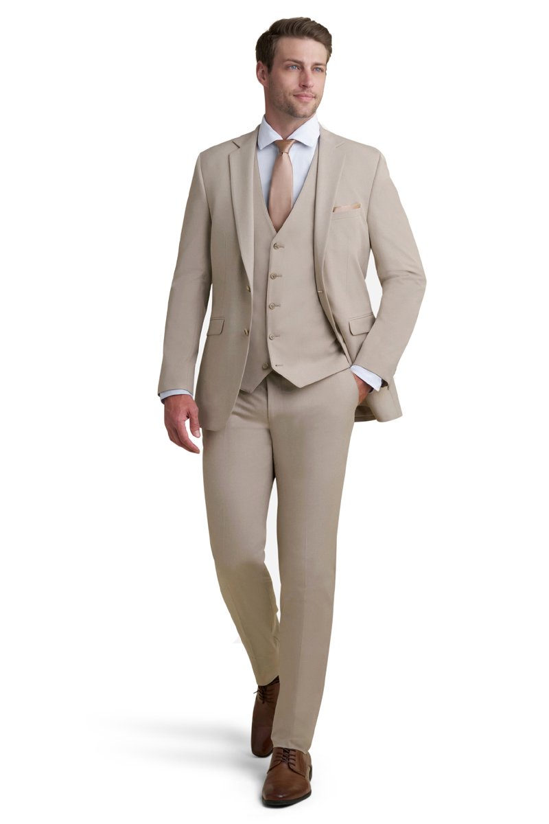 tan stretch 3 piece suit with a gold tie