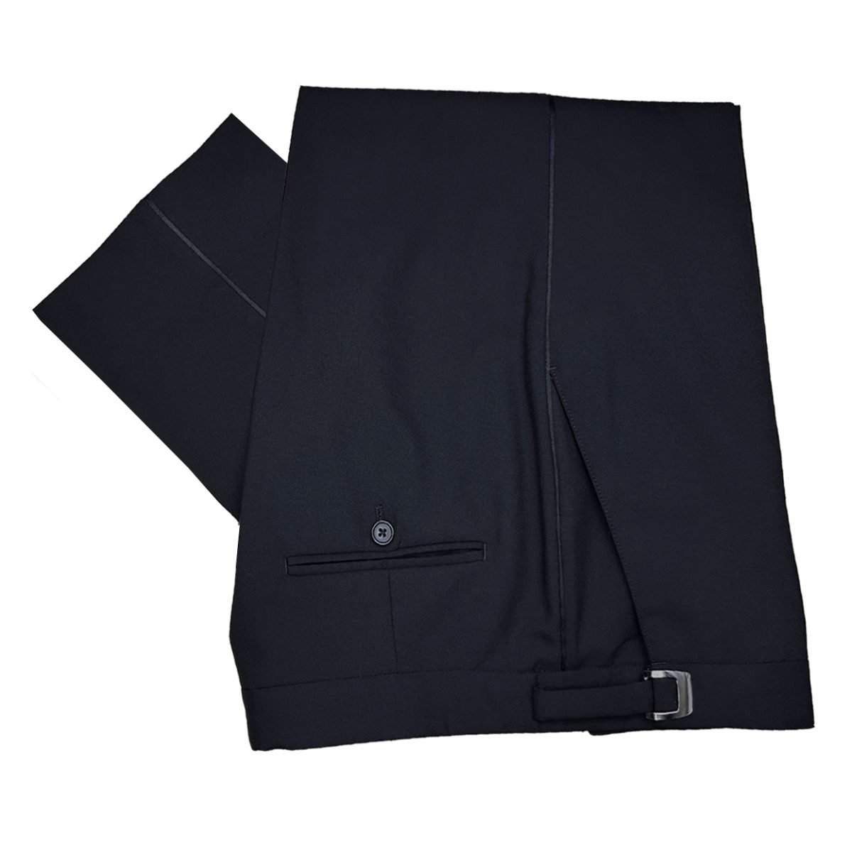 black adjustable waist tuxedo pant with satin bead leg stripe