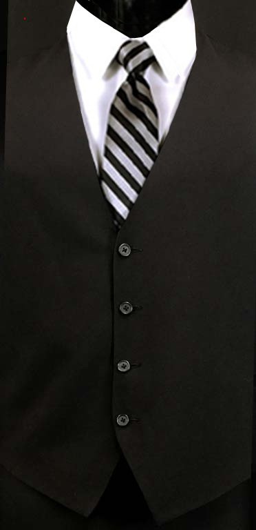 The image is of a black suit vest with a black and grey striped Windsor tie