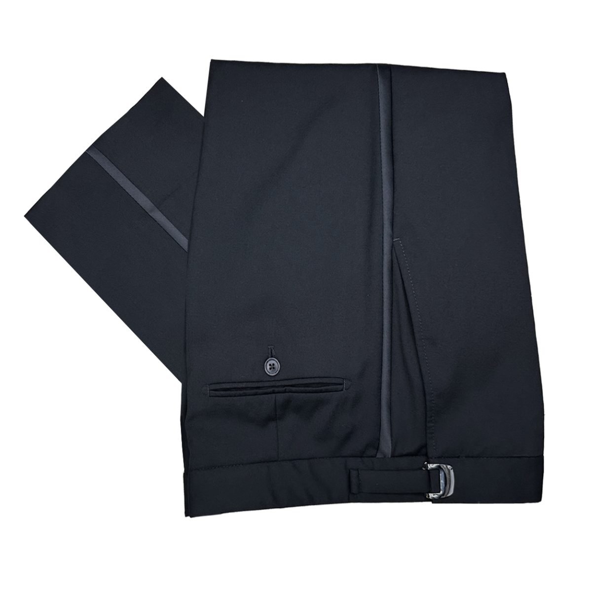 black super 120's wool tuxedo pants with an adjustable waist