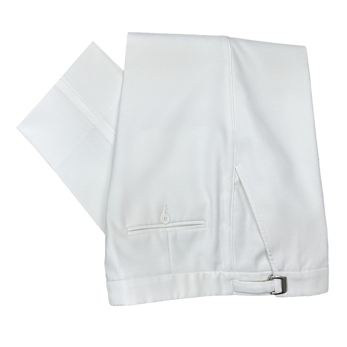 white tuxedo pants with a satin bead leg stripe and an adjustable waistband