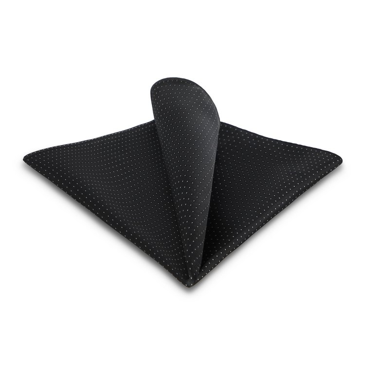 black silk pocket square with white pin dots