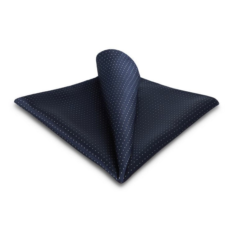 navy silk pocket square with white pin dots