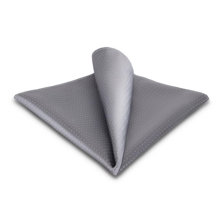 silver silk pocket square tie with white pin dots