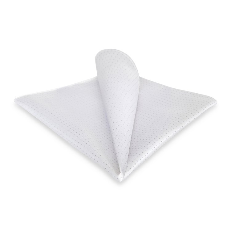 white silk pocket square tie with grey pin dots