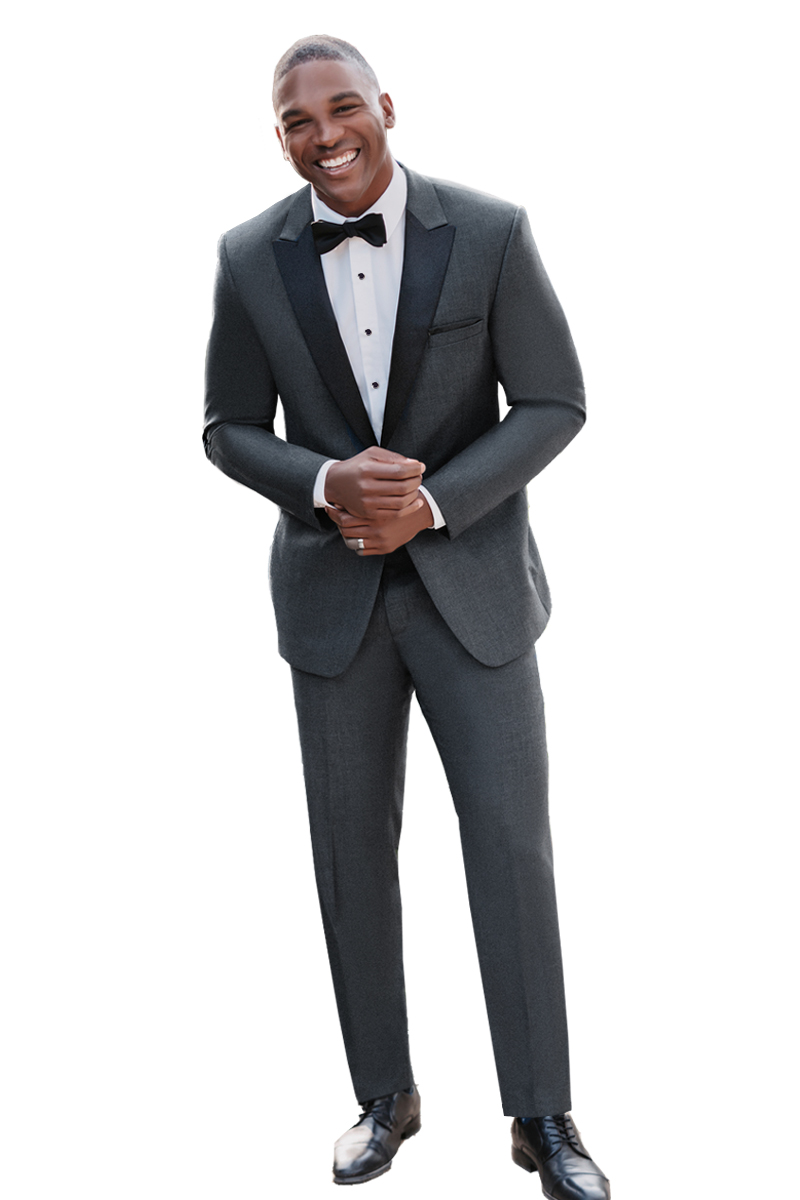 Graphite tuxedo with black satin peak lapel with matching pants and vest