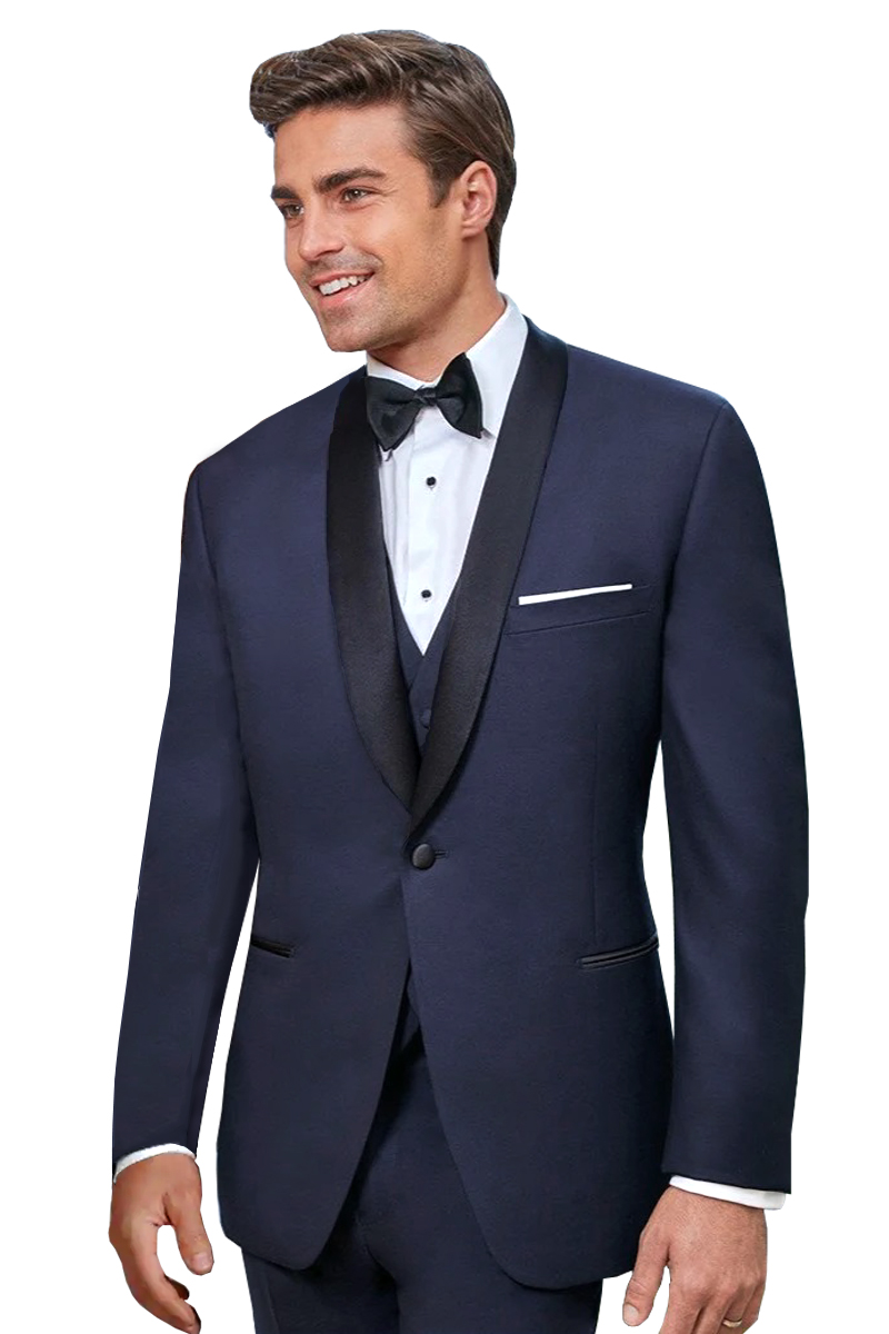 navy tuxedo with black satin shawl collar, shown with navy pants, vest and black bow tie