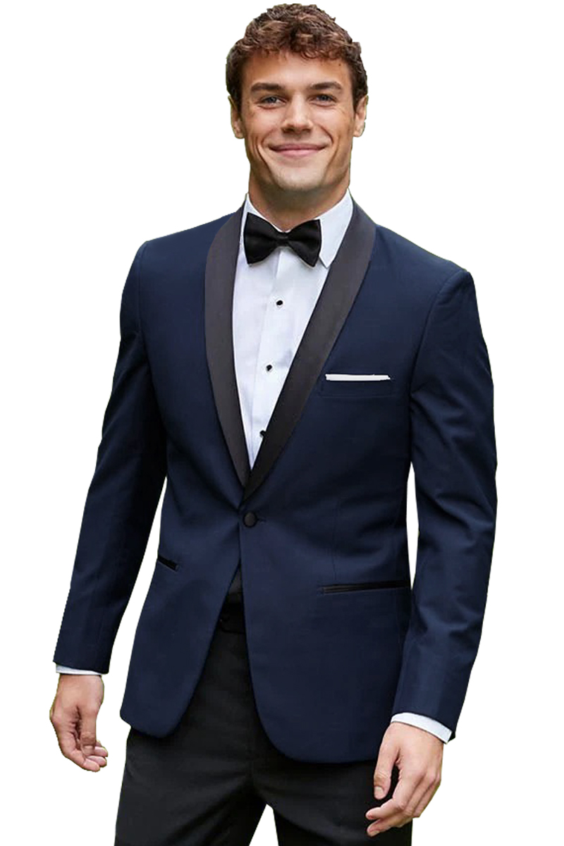 navy tuxedo with black satin shawl collar, shown with black pants and black bow tie