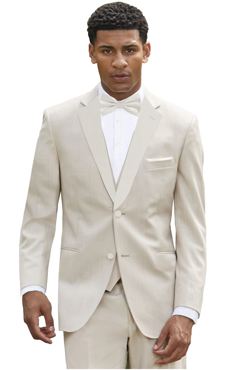 Khaki sand tuxedo with white shirt and ivory bow tie